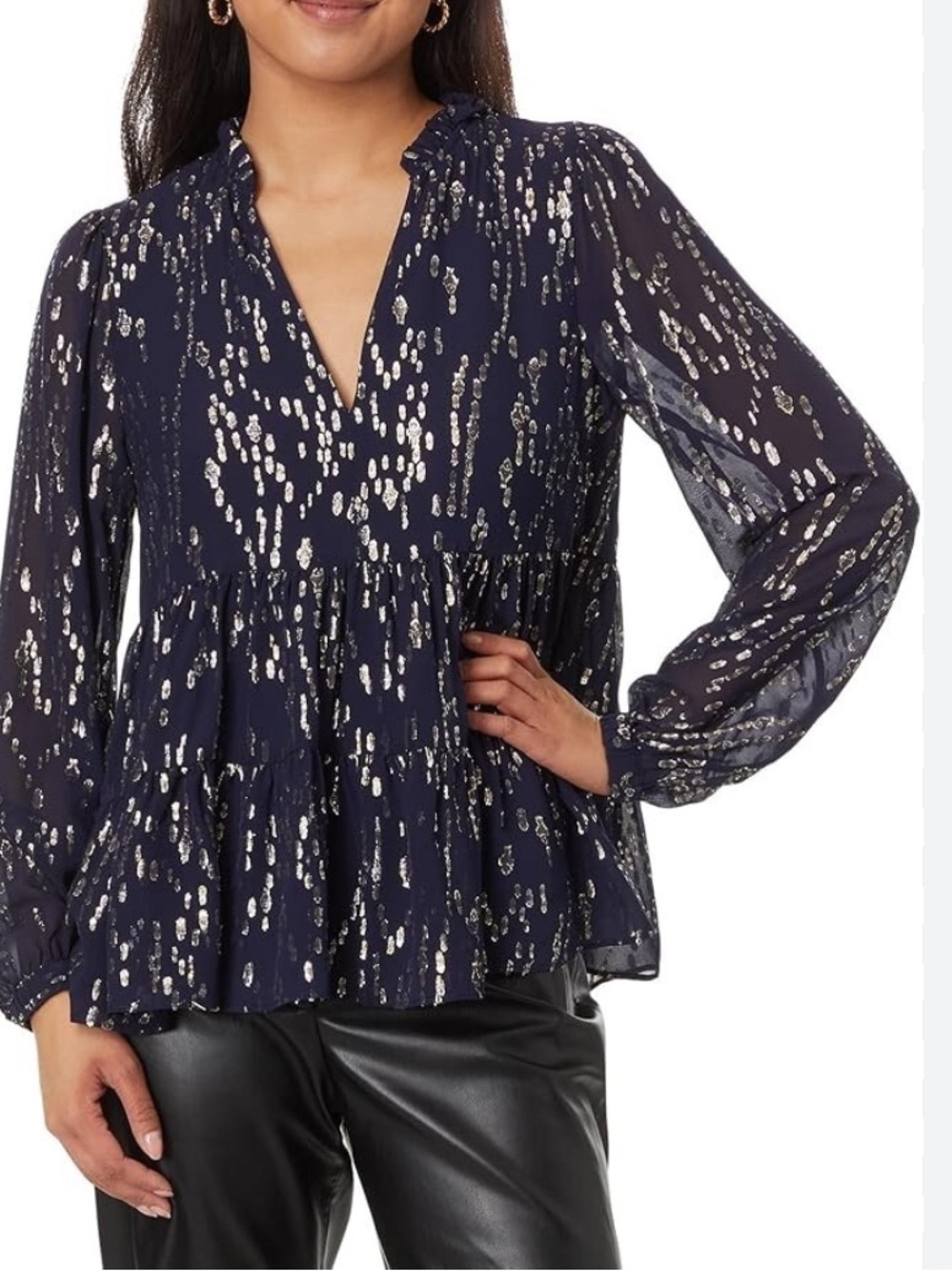 Lilly Pulitzer Navy Silk Long-Sleeve Top with Metallic gold women’s size 4 NEW